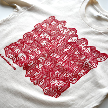 White t-shirt with red geometric pattern on a white background